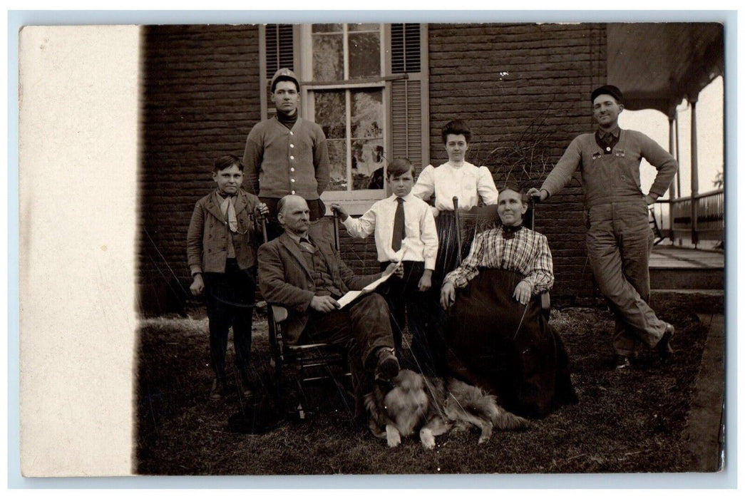 c1910's Candid Family Boys Dog Rocking Chair Overalls RPPC Photo Postcard