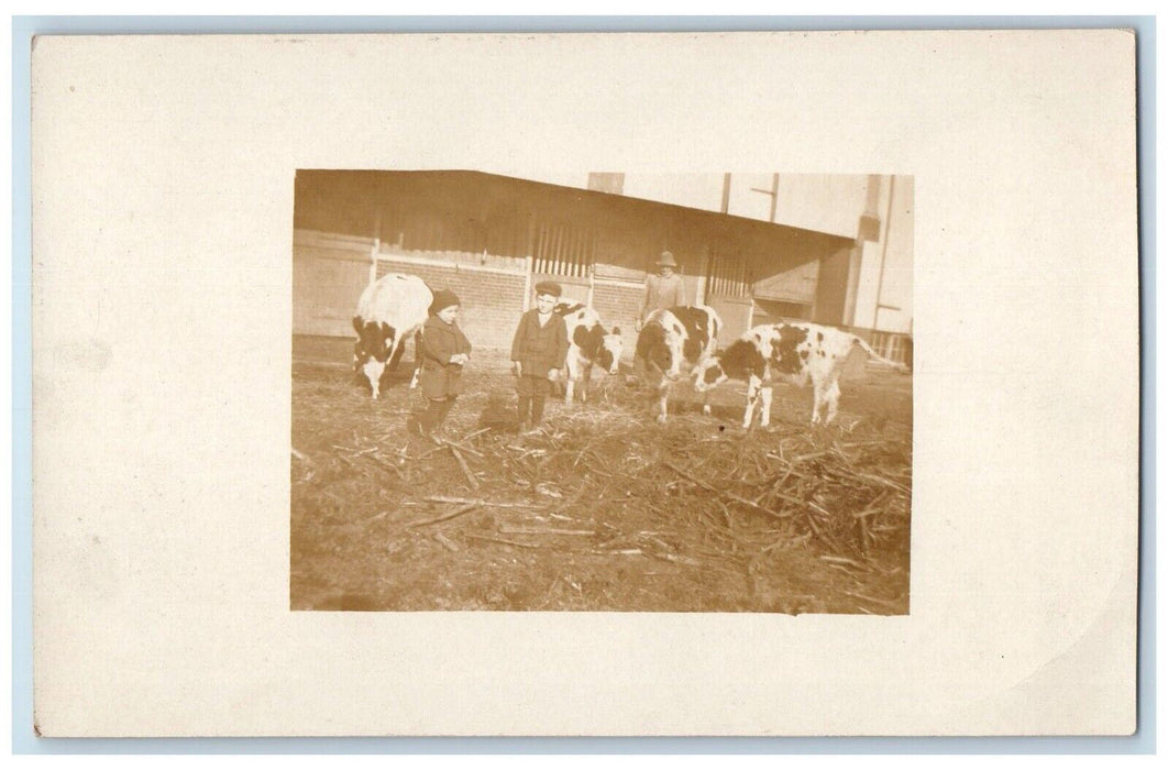 c1910's Candid Farm Farmer Cows Children RPPC Photo Unposted Postcard