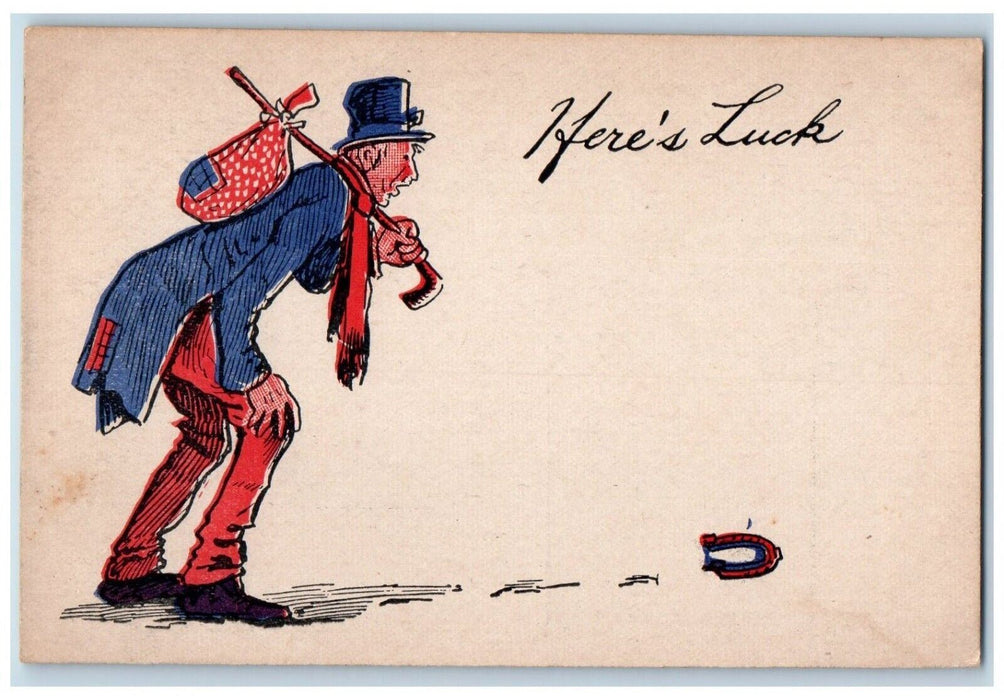 c1910's Old Man Hobo Traveler Here's Luck Horseshoe Unposted Antique Postcard