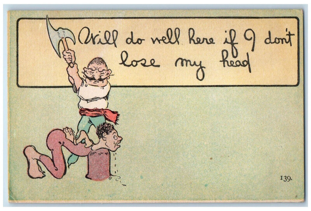 c1910's Boy Axe I Don't Lose My Head Execution Macabre Humor Antique Postcard