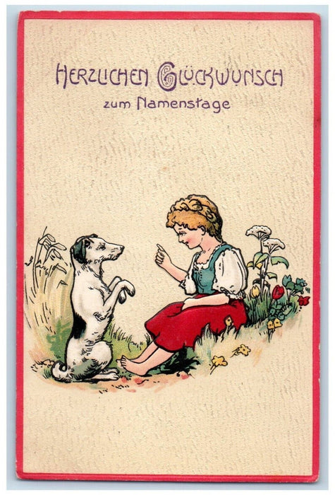 c1910's Congratulations Girl And Dog Flowers Embosses Posted Antique Postcard