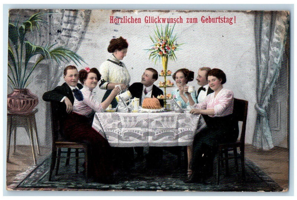 1912 Happy Birthday Celebration Dinner Flowers Germany Posted Antique Postcard