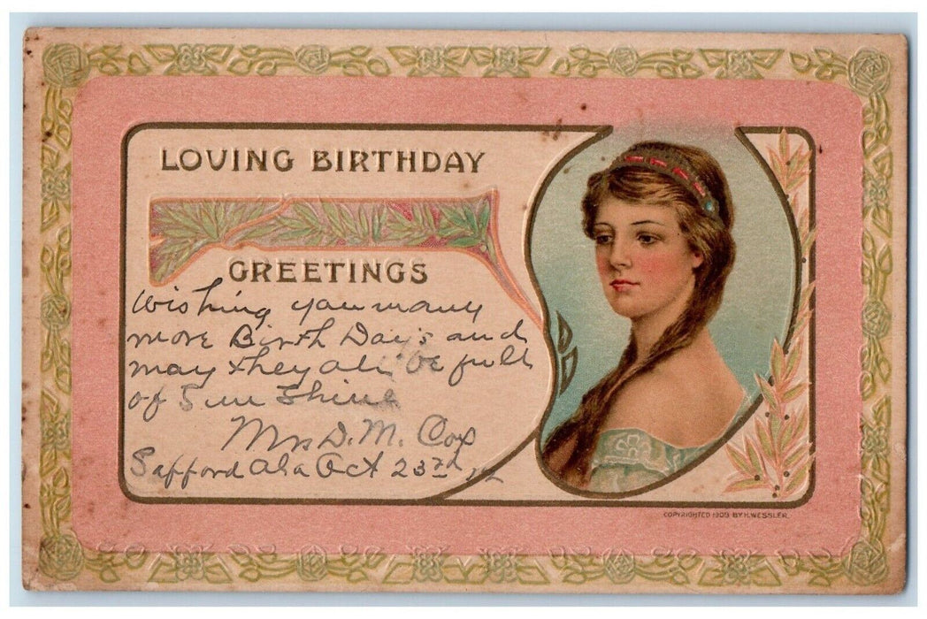 c1910's Loving Birthday Greetings Pretty Woman Embossed Art Nouveau Postcard