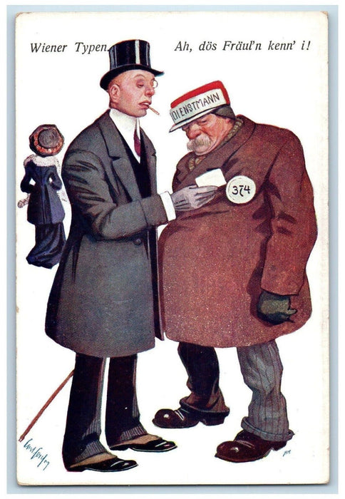 c1910's Man Cigar Formal Coat Girl Humor Austria Posted Antique Postcard