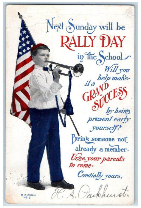 1909 Boy Trumpet Patriotic Rally Day Bethel Vermont VT Posted Antique Postcard