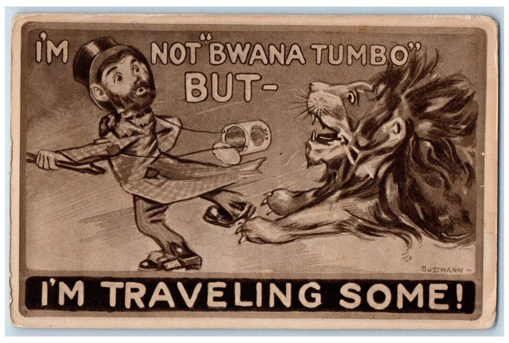 c1910's Man Hobo Lion Chasing I'm Traveling Some Bussman Posted Antique Postcard