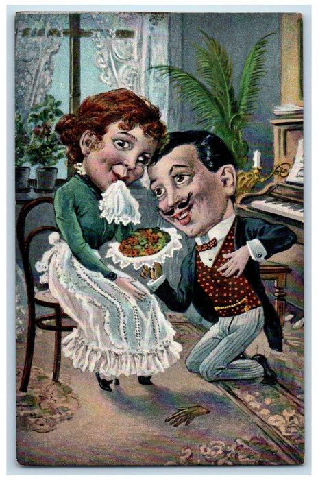 c1910's Caricature Married Life Part 1 Offering Food Piano Antique Postcard