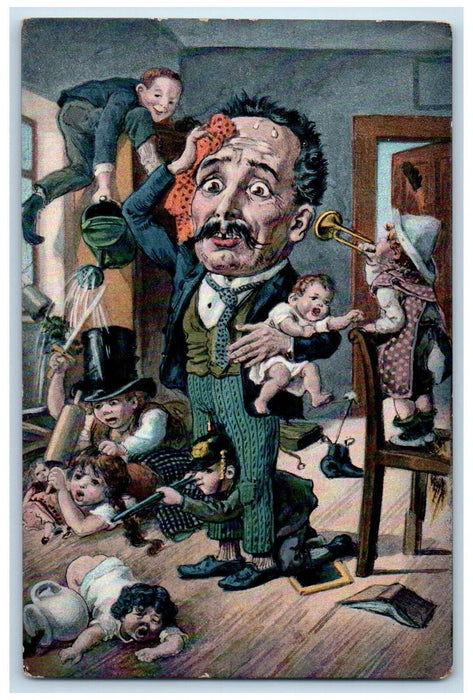 c1910's Caricature Married Life Part 3 Father And Stubborn Childrens Postcard