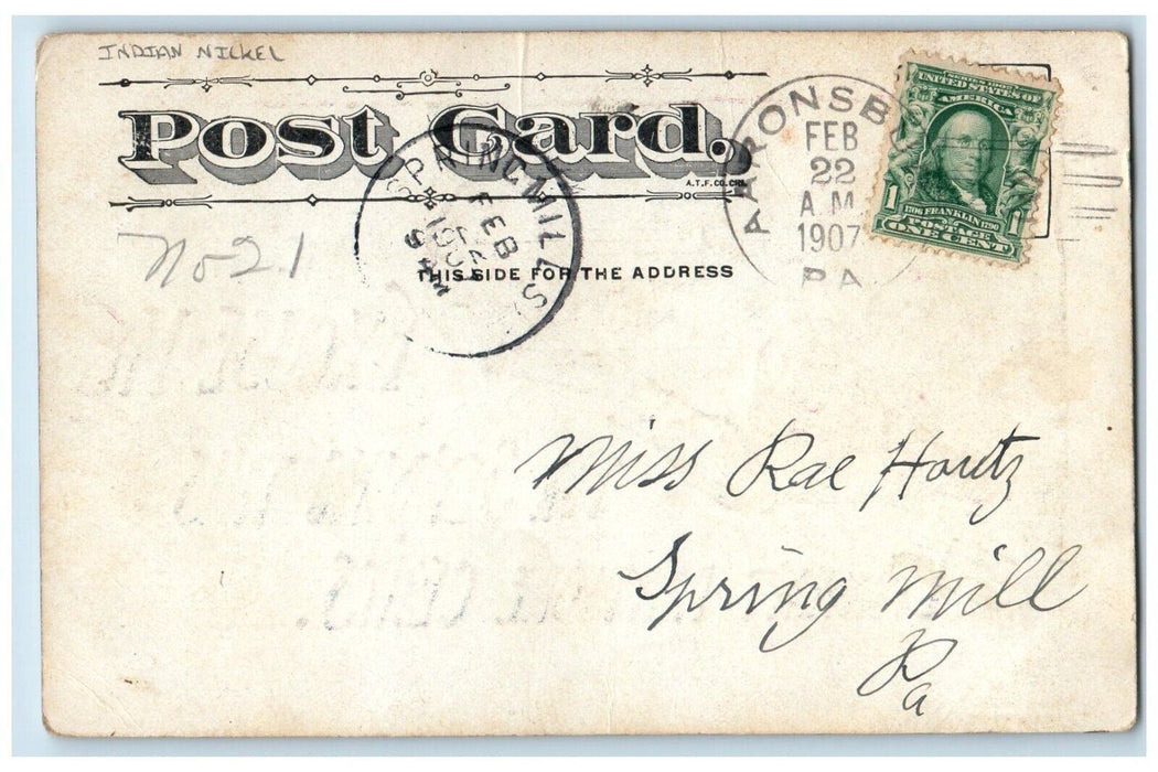 1907 Old Man Indian Nickel Aaronsburg Pennsylvania PA Posted Antique Postcard