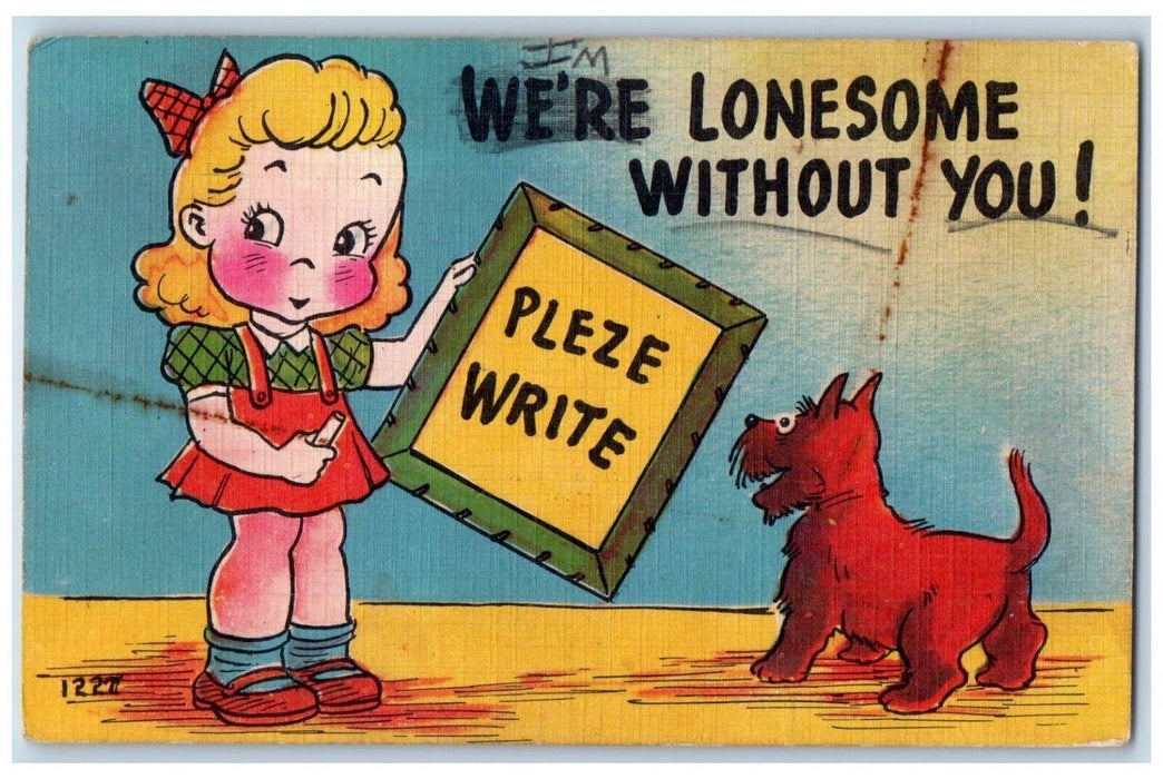 1953 Girl Dog Pleze Write Camp We're Lonesome Without You Wellfleet MA Postcard