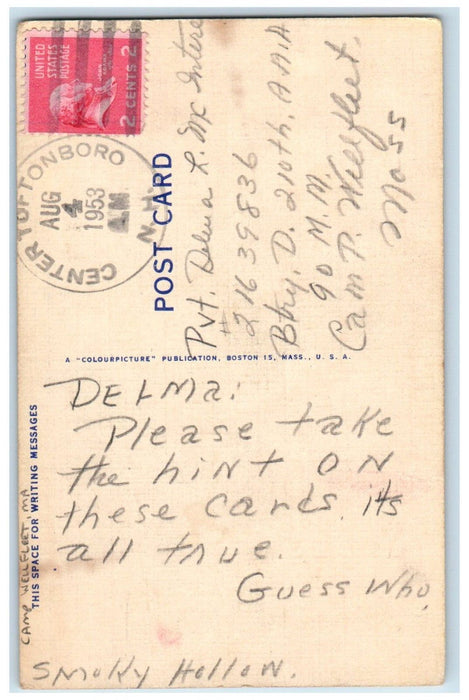 1953 Girl Dog Pleze Write Camp We're Lonesome Without You Wellfleet MA Postcard