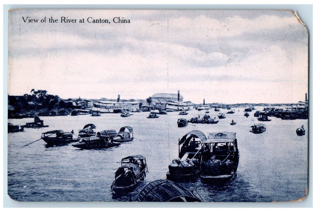c1910 Wooden Boats Steamboats View of the River at Canton China Postcard