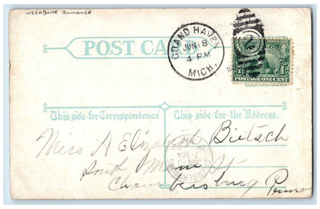 1907 Couple Good Luck Wishbone Romance Grand Haven Michigan MI Antique Postcard