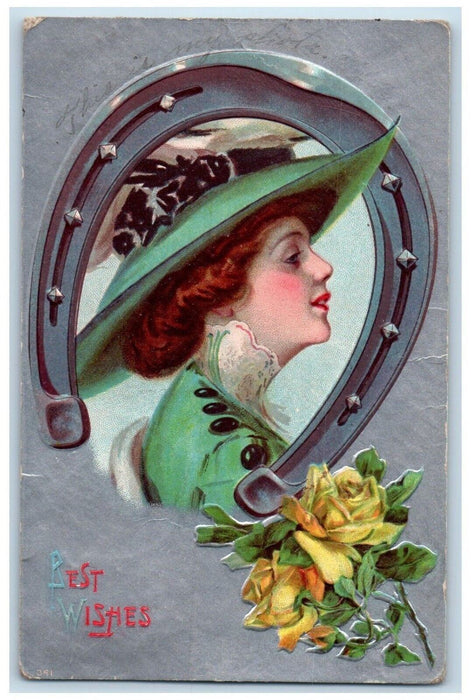 1910 Best Wishes Pretty Woman Horseshoe Fairfield Pennsylvania PA Postcard