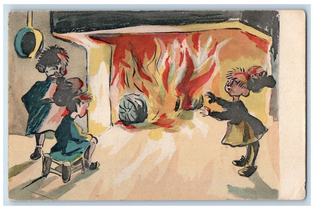 c1910's Childrens Fireplace Burning France Unposted Antique Postcard