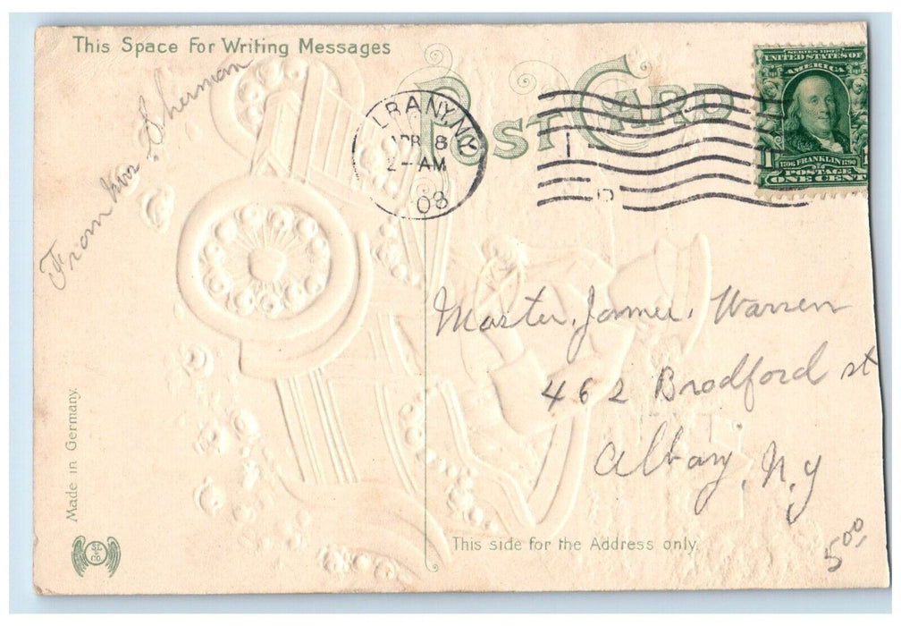 1908 Birthday Greetings Man Driving Car Pansies Albany New York NY Postcard