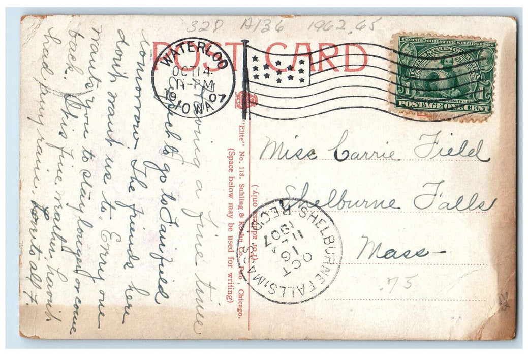 1907 Park Avenue Waterloo Iowa IA Shellburnefalls MA Antique Postcard