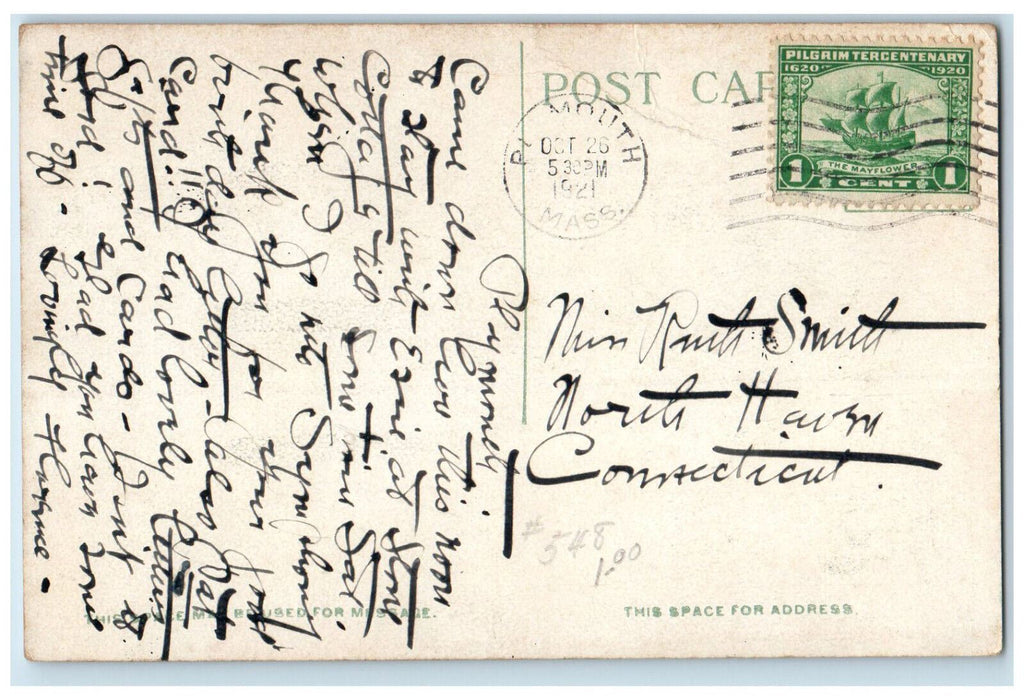 1921 Pilgrim Hall Plymouth Massachusetts MA Antique Posted Postcard