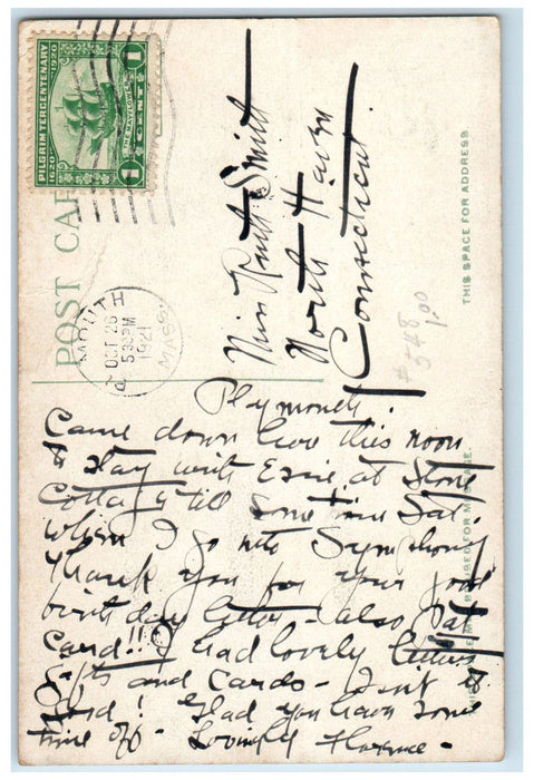 1921 Pilgrim Hall Plymouth Massachusetts MA Antique Posted Postcard