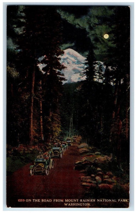 c1910 Moonlight On The Road from Mount Rainier National Park WA Postcard