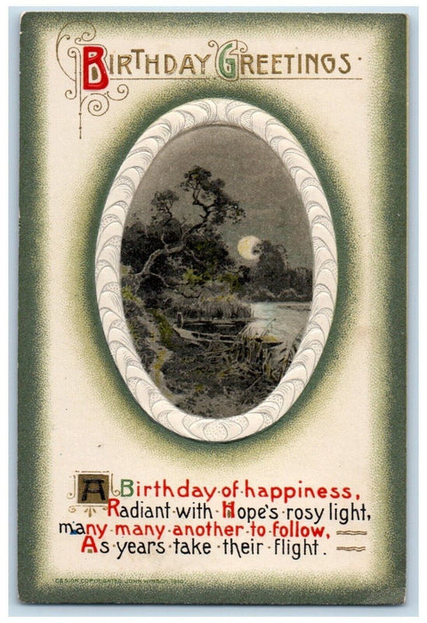Birthday Greetings River Boat Moon View John Winsch Artist Signed Postcard