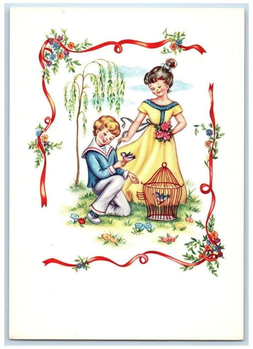 c1910's Pretty Woman Flowers Bird Cage Present Ribbon Unposted Antique Postcard