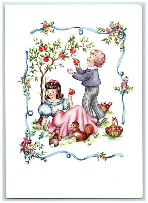c1910's Pretty Woman Squirrel Harvesting Apple Tree Unposted Antique Postcard