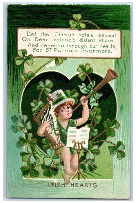 1909 St. Patrick's Day Boy Playing Flute Harp Shamrock Buffalo NY Postcard
