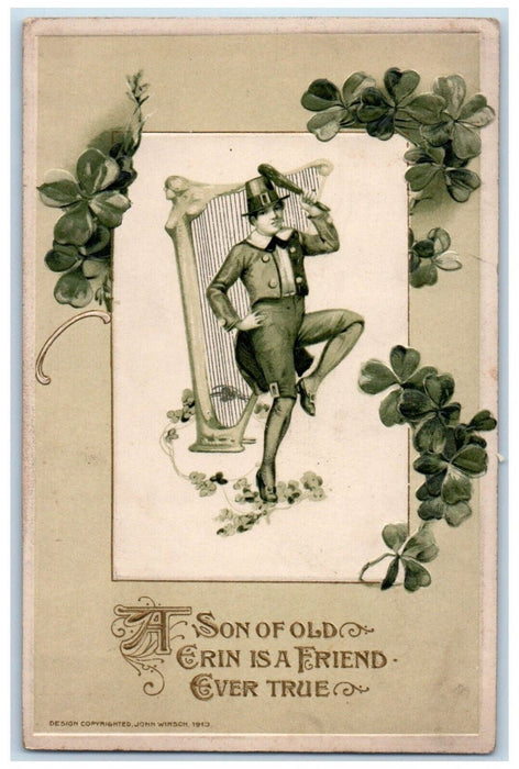 1914 Man Harp Shamrock John Winsch Artist Signed Embossed Sloan NY Postcard
