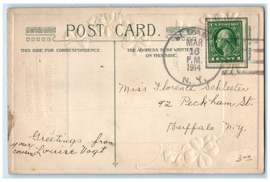 1914 Man Harp Shamrock John Winsch Artist Signed Embossed Sloan NY Postcard