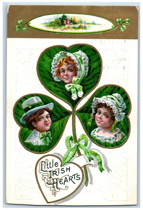 1909 Little Irish Hearts Childrens In Shamrock Buffalo NY Embossed Postcard