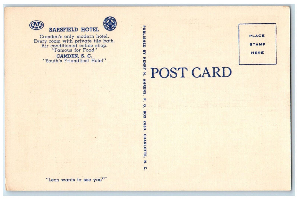 c1950's Sarsfield Hotel and Coffee Shop Camden South Carolina SC Postcard