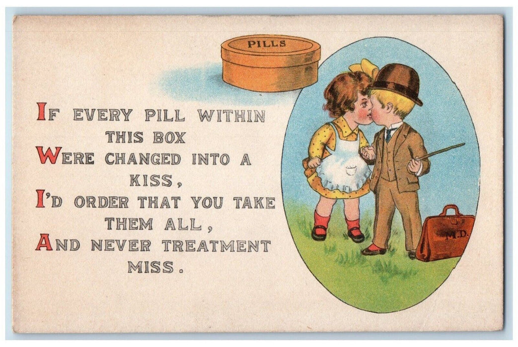 c1910's Sweet Couple Kissing Pills Get Well Soon Unposted Antique Postcard
