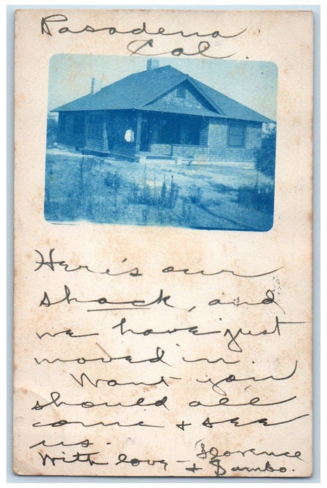 1906 Pasadena CA, Cyanotype House Shack Posted Antique RPPC Photo Postcard