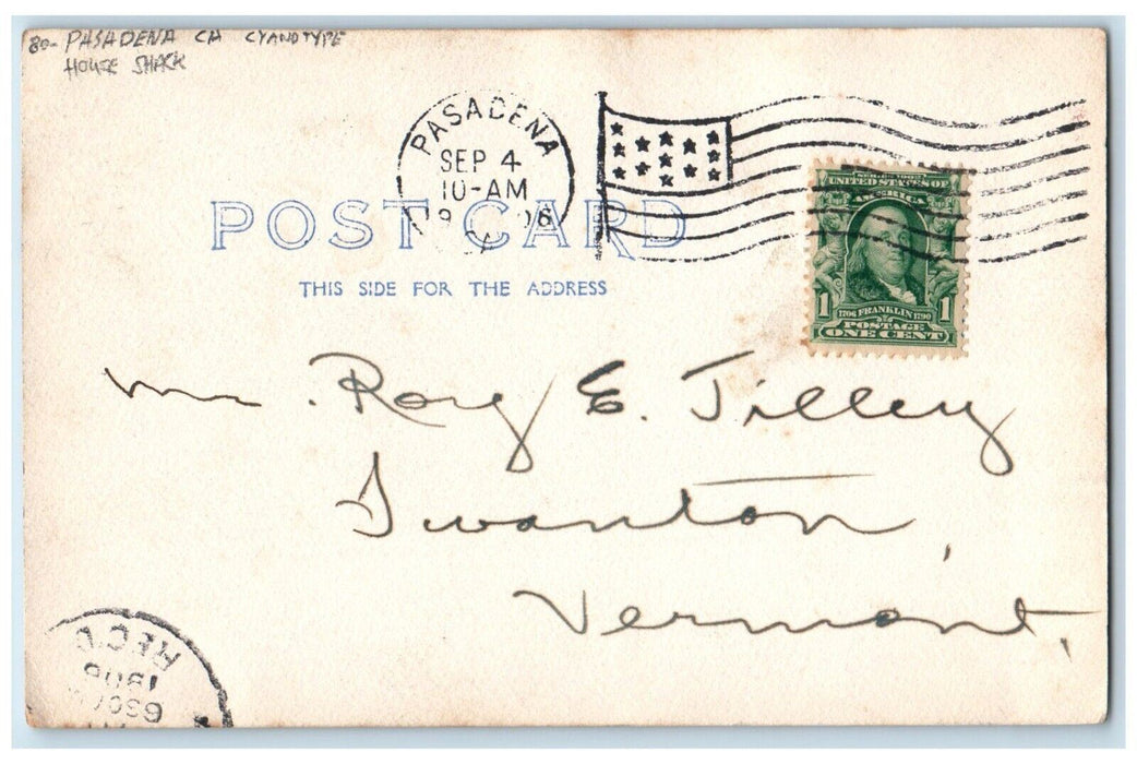1906 Pasadena CA, Cyanotype House Shack Posted Antique RPPC Photo Postcard