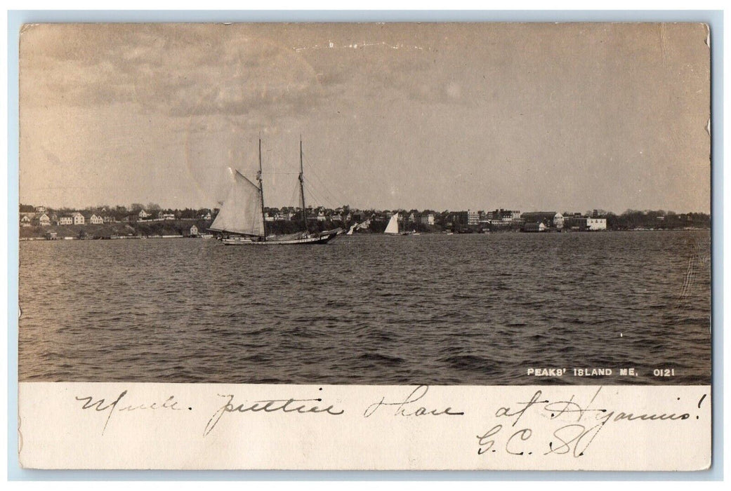 1907 Sail Boat Casco Bay Atlantic Peaks Island ME RPPC Photo Posted Postcard