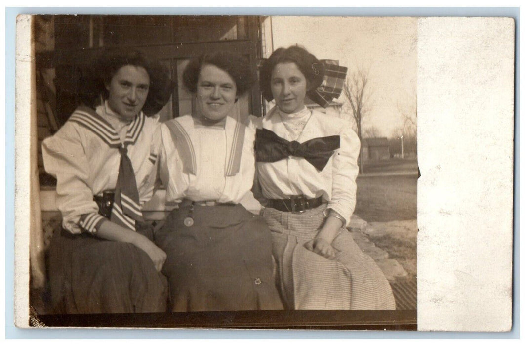 1911 Candid Girls School Uniform Bow Sailor Suit Fairview KS RPPC Photo Postcard