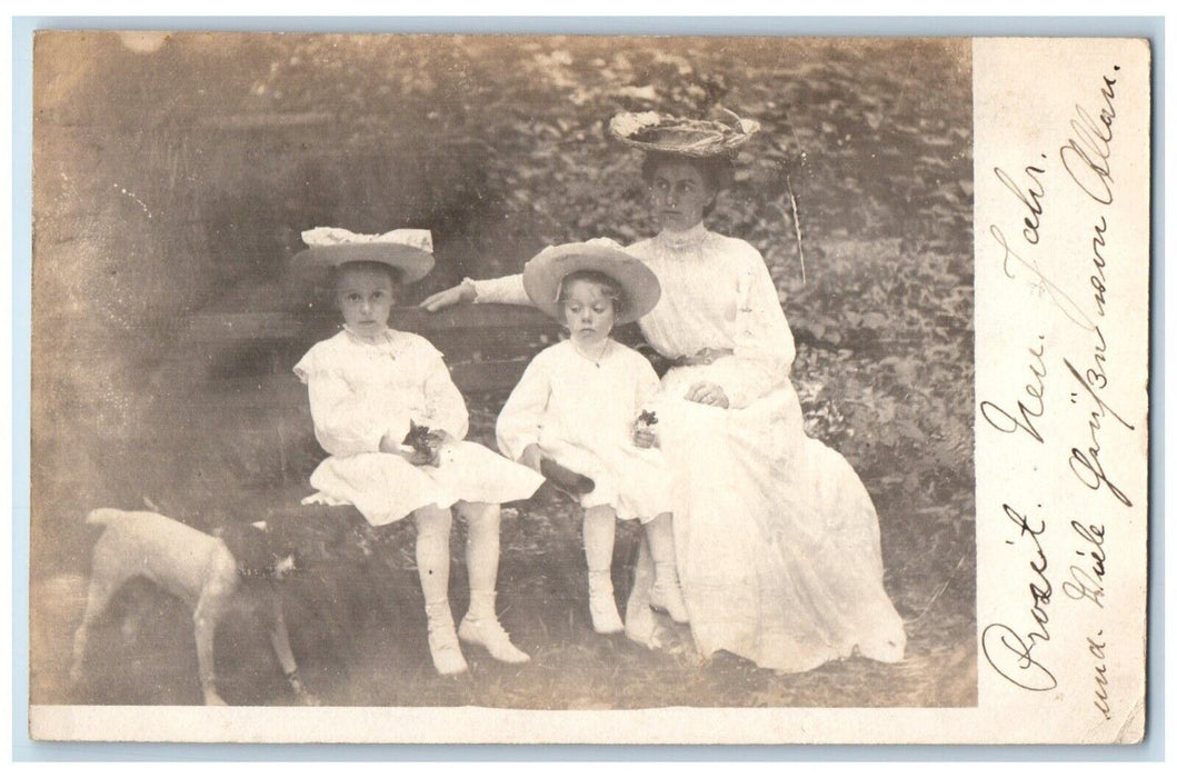 1907 Candid Mother Daughters Girls Hat Dog Wilmington DE RPPC Photo Postcard