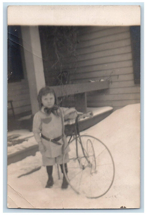 1910 Candid Boy Child Bicycle Snow Venango PA RPPC Photo Posted Postcard