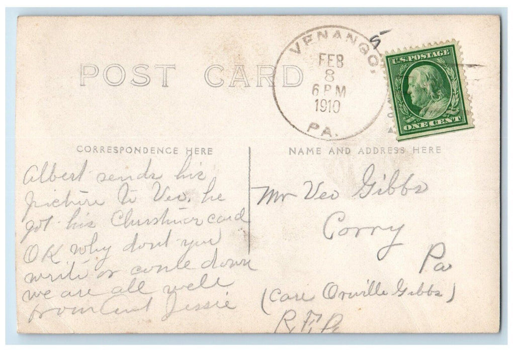 1910 Candid Boy Child Bicycle Snow Venango PA RPPC Photo Posted Postcard
