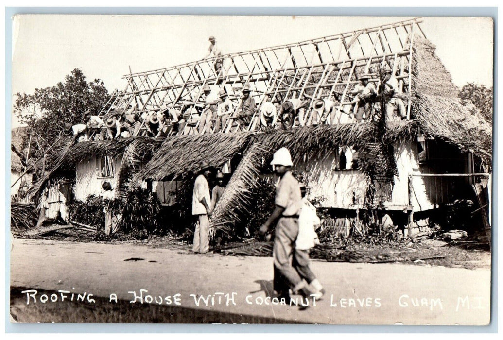 Roofing A House With Cocoanut Leaves Guam Mariana Island RPPC Photo Postcard