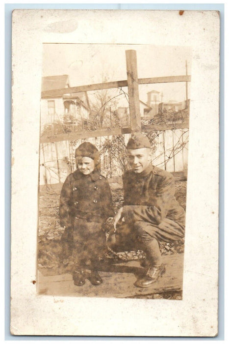 1918 US Army Soldier Child Candid End Of WWI RPPC Photo Posted Antique Postcard