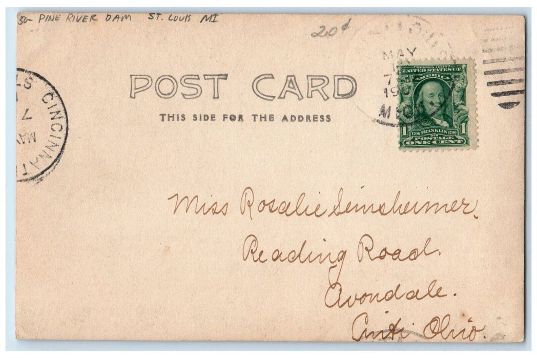 c1905 Pine River Dam St. Louis Michigan RPPC Photo Posted Antique Postcard