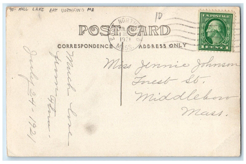 1921 View Of Hall Lake East Northfield Massachusetts MA RPPC Photo Postcard