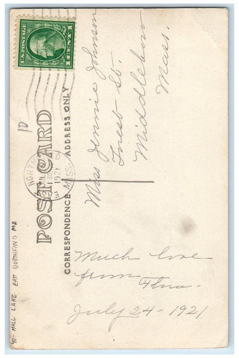 1921 View Of Hall Lake East Northfield Massachusetts MA RPPC Photo Postcard