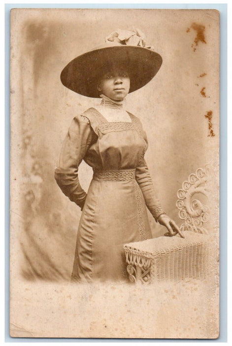 c1910's Black Americana Woman Victorian Hat Studio Portrait RPPC Photo Postcard