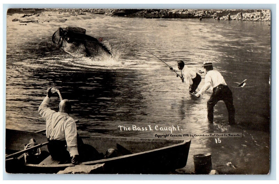 c1910's The Bass I Caught Exaggerated Fish Fishing Boat RPPC Photo Postcard