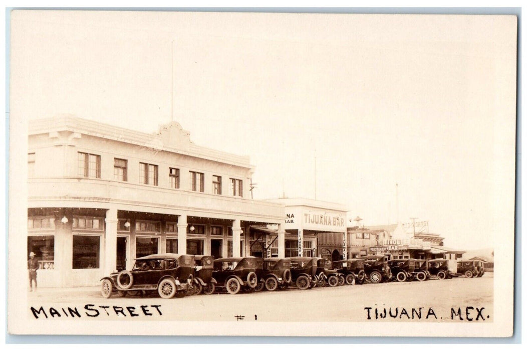 c1920's Main Street Bar Cafe Cars Tijuana Mexico RPPC Photo Antique Postcard