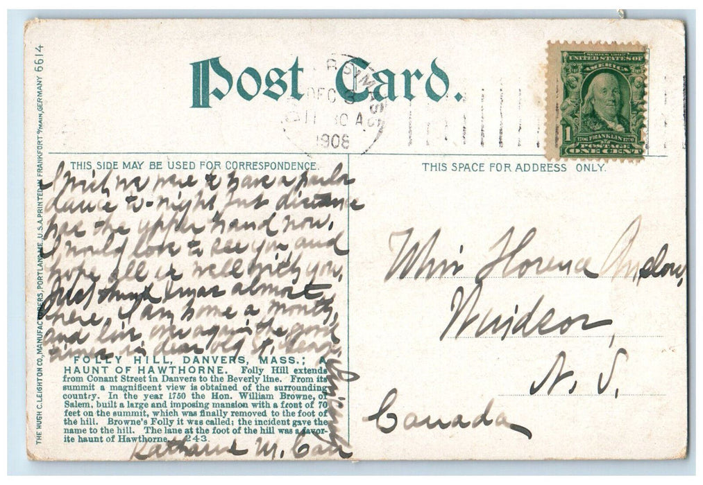 1908 Folly Hill A Haunt Hawthorne's Danvers Massachusetts MA Antique Postcard