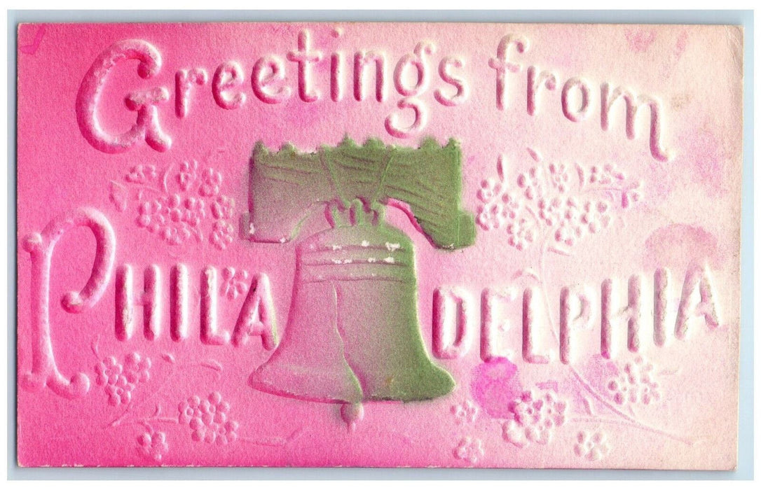 1908 Greetings from Philadelphia Pennsylvania PA Embossed Airbrush Bell Postcard